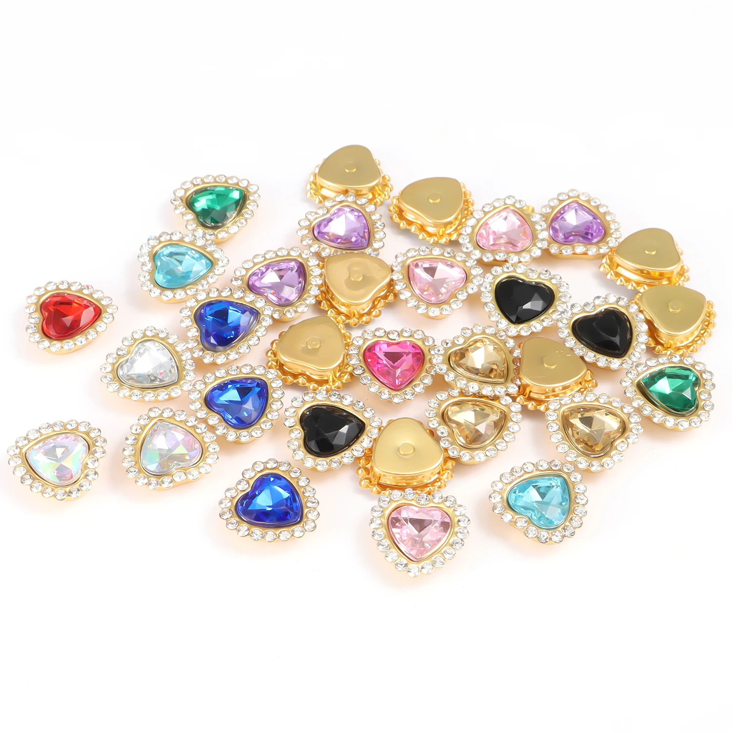 30pcs 10mm Peach Heart Sunflower Gold Flat Bottom Hand Sew On Glue On Rhinestone DIY Clothes Shoes Bag Hair Jewelry Accessory