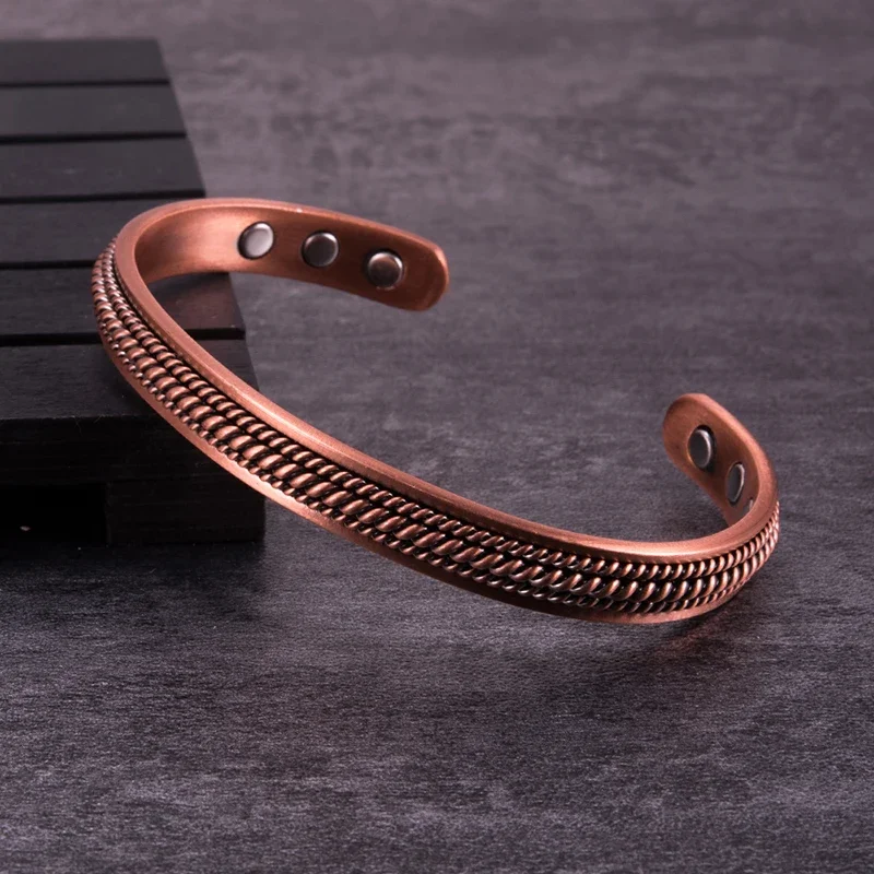 Ikuinen Copper Bracelets for Men Adjustable Cuff Stripe Magnetic Bangles Arthritis Health High Magnet Solid Copper Jewelry