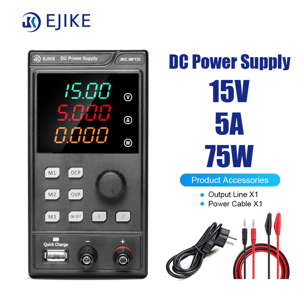 

EJIKE MP155 Dc Laboratory Power Supply USB Fast Charging Interface 15V 5A Adjustable Switch Power Supply Knob Display Regulator