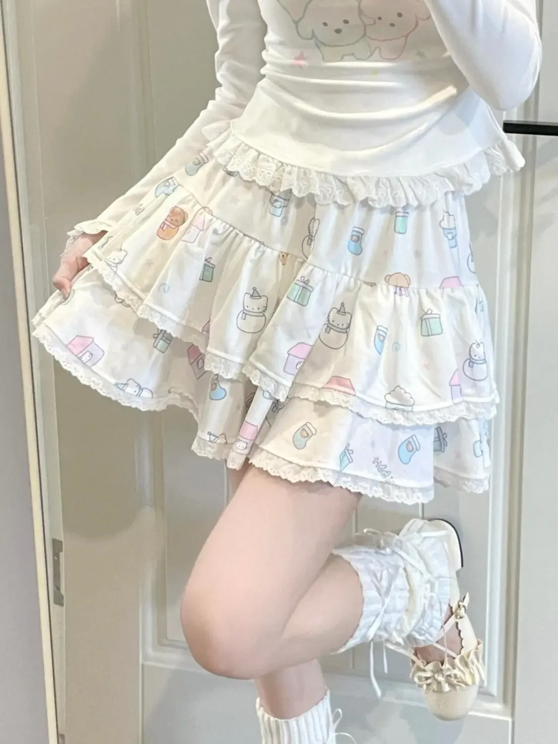 Wedbleser Woman Autumn Kitten Cake Girl Lace Fluffy Short Sweet Half Skirt Japanese Trendy Printed Small Stature Skirts