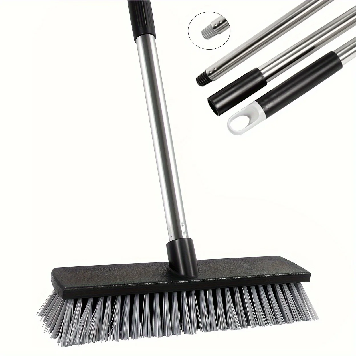 Large hard-bristled broom, wood floor scrubber with adjustable multi-section long handle, concrete push broom, outdoor garage broom