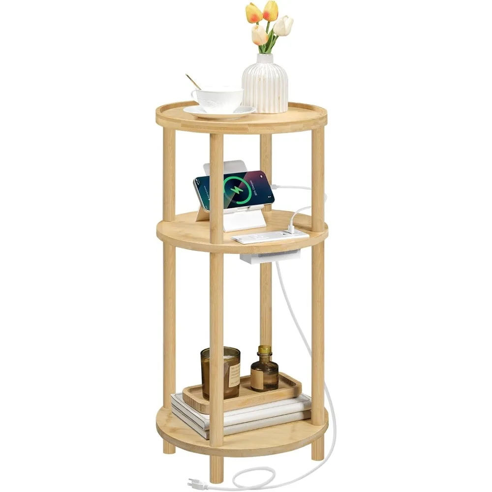 

Small Round Side Table with Charging Station, 3-Tier Round Bamboo End Table, Compact Sofa Bedside Table for Small Space, Easy A