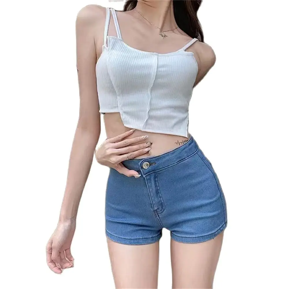 

Women Summer Thin Sexy Shorts High-Waisted Peach Butt Jeans Lady Tight Solid Color Denim Elastic Honey Buttock Jean Match Show