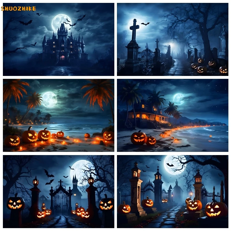 

Halloween Theme Backdrop for Photography Horror Night Scary Moon Castle Graveyard Zombie Pumkin Halloween Party Background