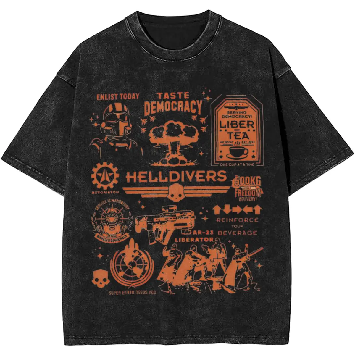 Helldivers 2 Skull Liber-tea Washed T Shirts Streetwear Hip Hop Novelty T-Shirt Spread Democracy Tee Shirt For Men Women