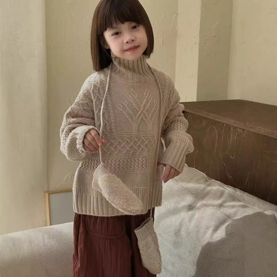 Girls Sweater 2024 Autumn Winter Children Korean Round Neck Glove Sweater Girls Lazy Knit Sweater Baby Inside Match Top