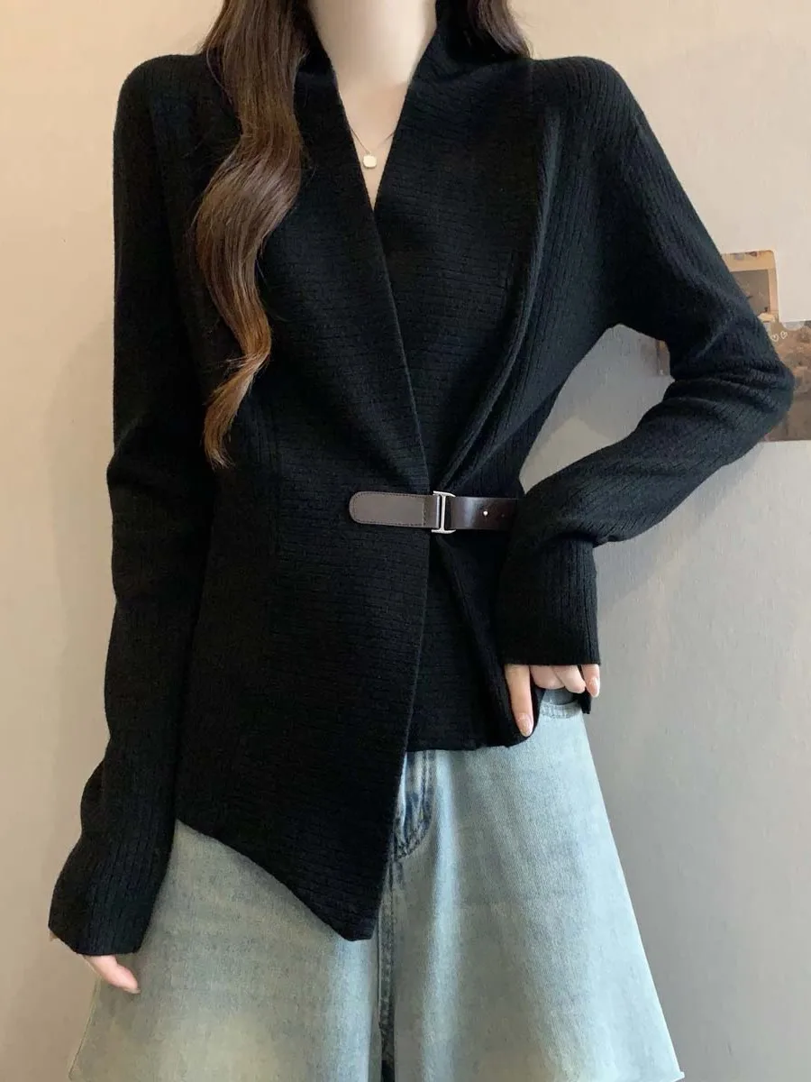 

Женский трикотажный топ больших размеров с V-образным вырезом, асимметричный, с завышенной талией, на весну-осень, французский стиль, с длинными рукавами