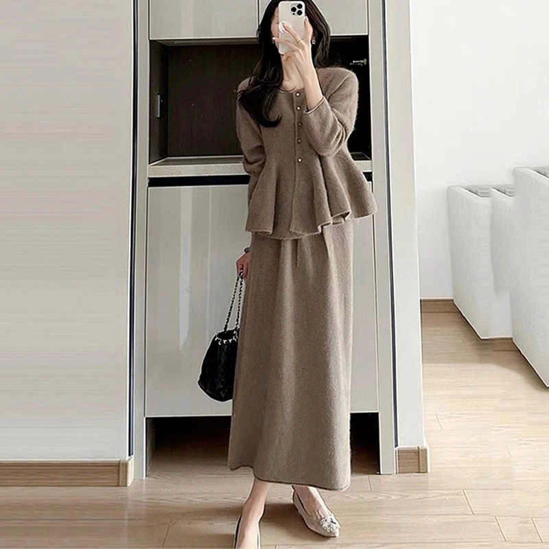 2024 autumn Knitting Two Piece Set For Women Jacket Coat + Long Skirt 2 Piece Sets Women Outfit Conjuntos Femininos Elegantes