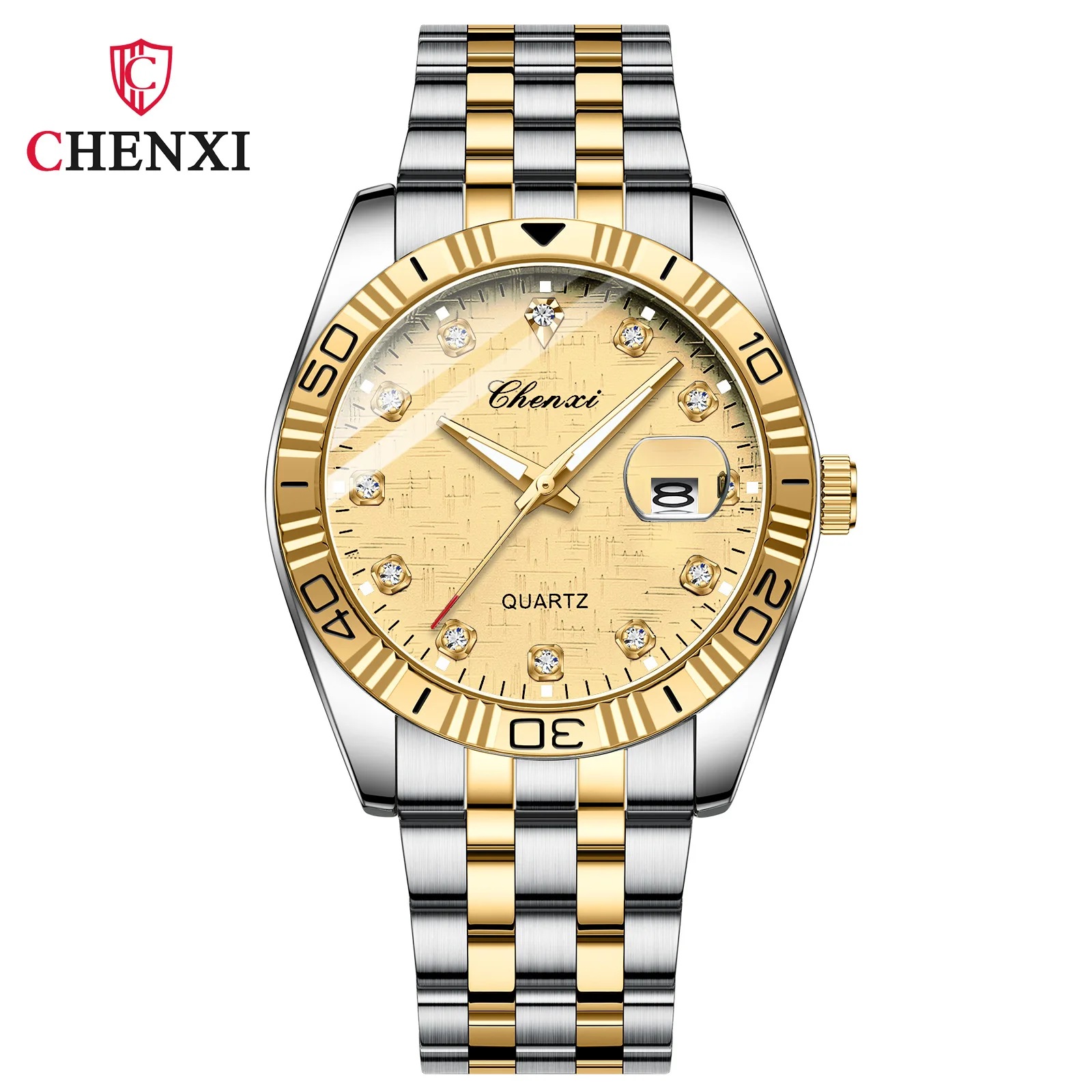 Jam Tangan Pasangan Kalender dengan Berlian, Tali Baja Emas, Fashion Bisnis, Mewah Ringan, Jam Tangan Quartz