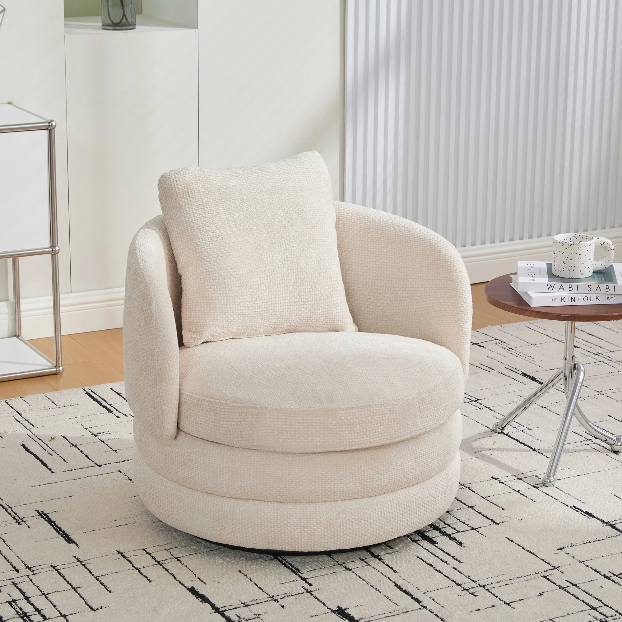 !@Modern 360 Swivel Barrel Accent Chair Chenille Upholstered Soft Comfy Armchair Living Room Wood Legs