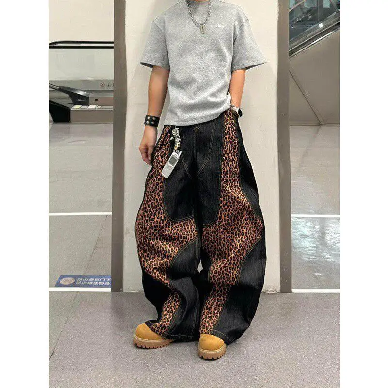 Retro American Spliced Leopard Print Jeans Men's Loose Knife  Pants Street Punk Style Casual Straight Leg Trousers