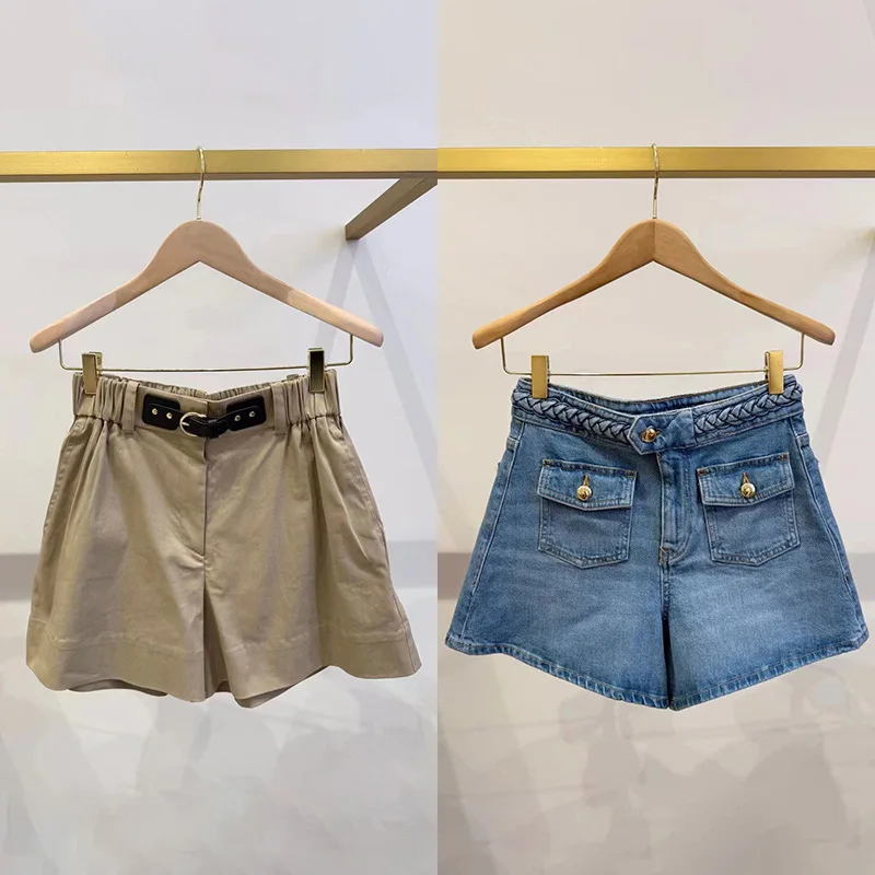 

Spring/Summer Women High Waist Belted Double Pocket Denim Shorts Loose Khaki Slim Fit Casual Fashion Hot Pants