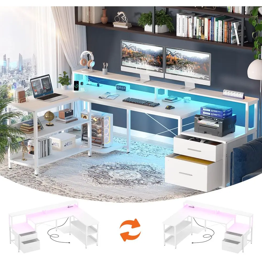 

L Shaped Desk with Power Outlet, Reversible L Shaped Computer Desk with File Drawer amp Monitor Stand, Gaming Desks with LED St