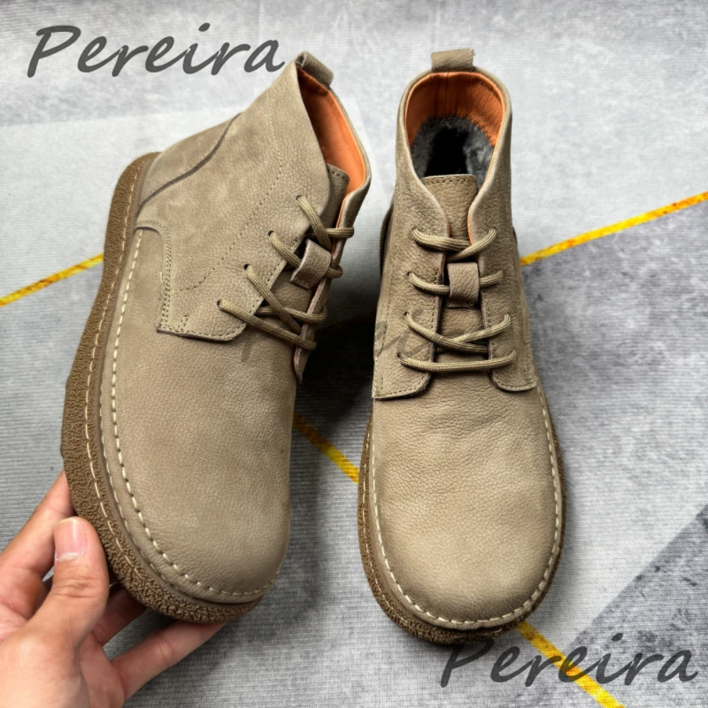 Men's Soft Leather Thick Soled Short Boots Autumn Winter Plush Round Toe Lace Up Ankle Boots Outdoor Warm Couple Casual Shoes