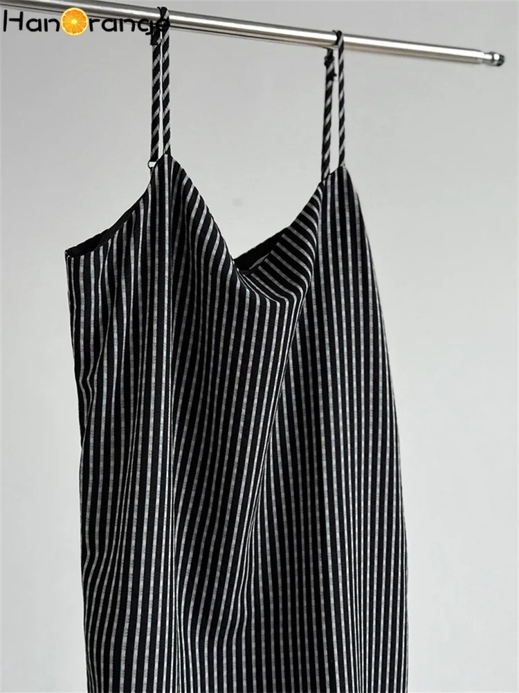 HanOrange 2025 Vestido camisola listrado primavera verão em camadas vestido versátil vestido evasê damasco/preto