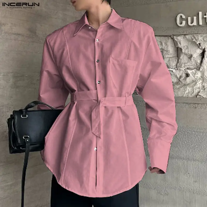 

INCERUN Мужская рубашка сплошной цвет с лацканами и длинными рукавами на пуговицах уличная мужская одежда с карманами свободные модные повседневные мужские рубашки S-5XL