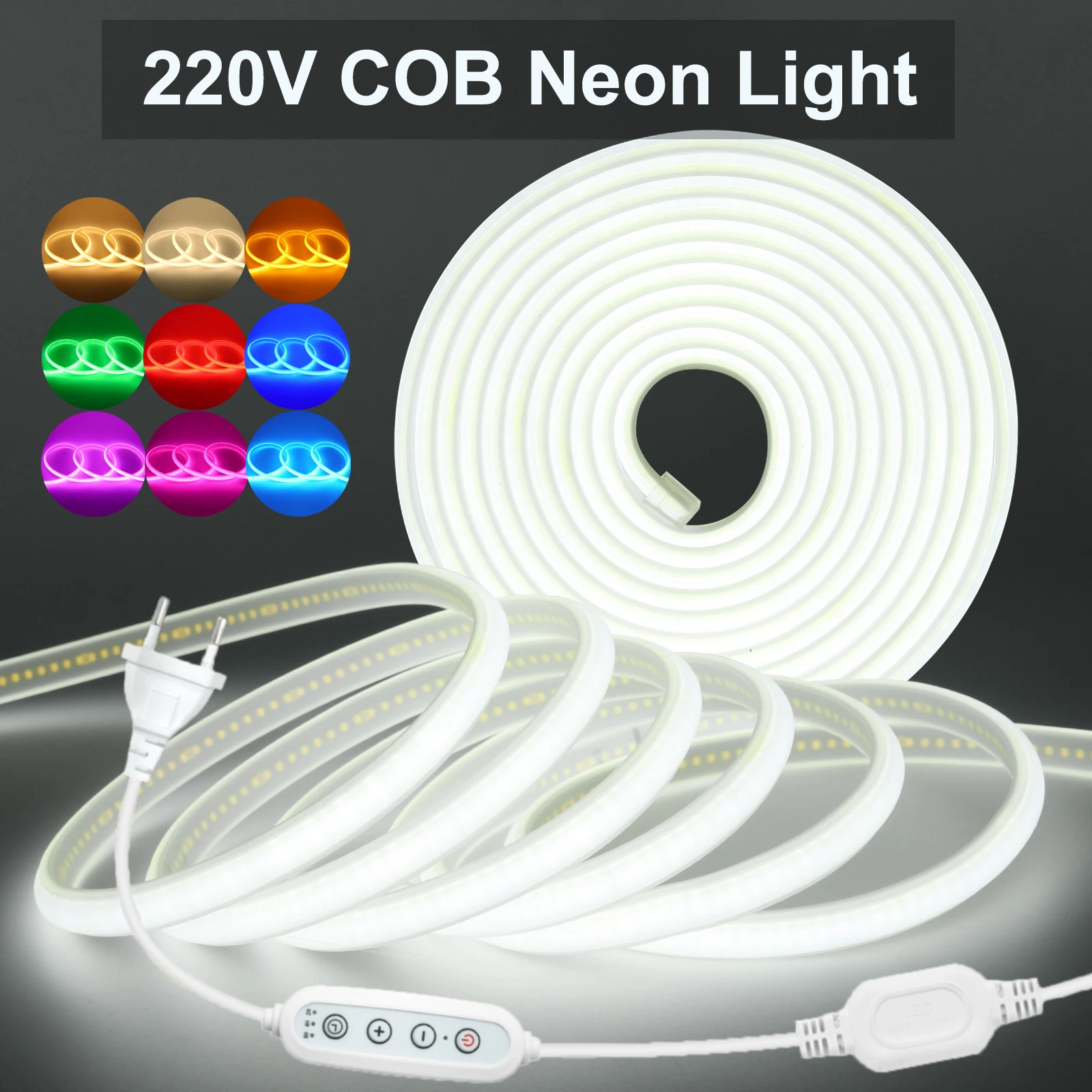 fita-de-led-cob-220v-com-dimmer-288-leds-m-fita-flexivel-a-prova-d'Agua-cores-branco-quente-natural-vermelho-azul-verde-rosa-amarelo-roxo