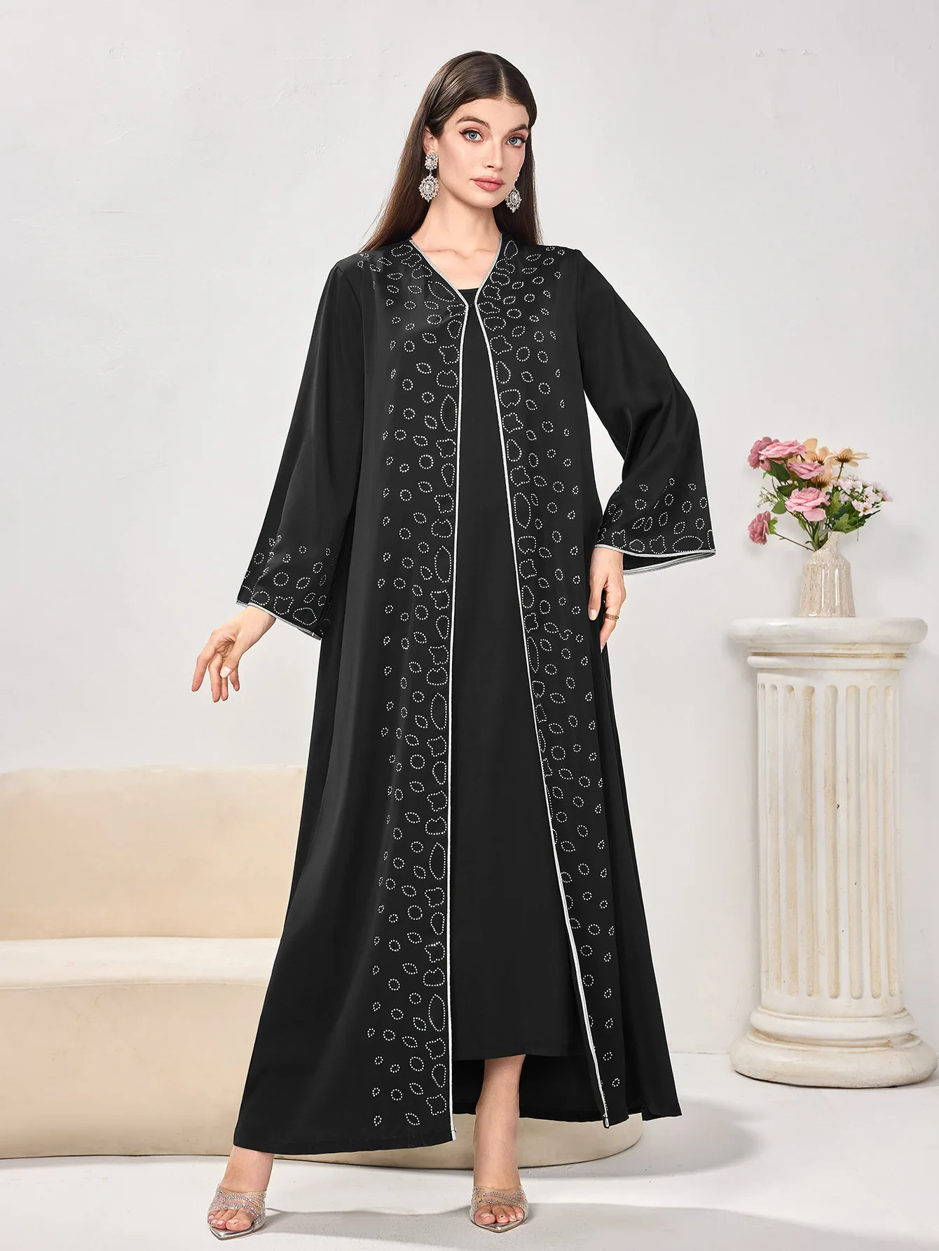 

Dubai Diamonds Abaya Open Kimono Sleeveless Inner Dress Jalabiya Women Muslim Two Pieces Set Turkey Kaftan Kebaya Islam Clothing