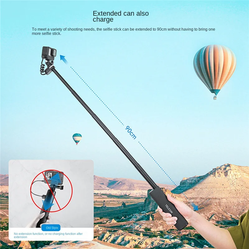 TELESIN Charging Selfie Stick 10000Mah Power Bank Universal for Gopro Insta360 Action Sports Camera for Smart Phone