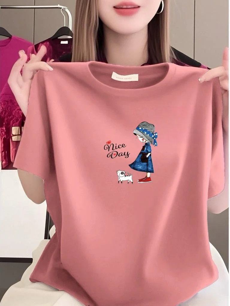 

Loose Printed Short Sleeve T-Shirt for Women Casual Style Polyester Fiber round Neck Top for Middle-Aged And Elderly