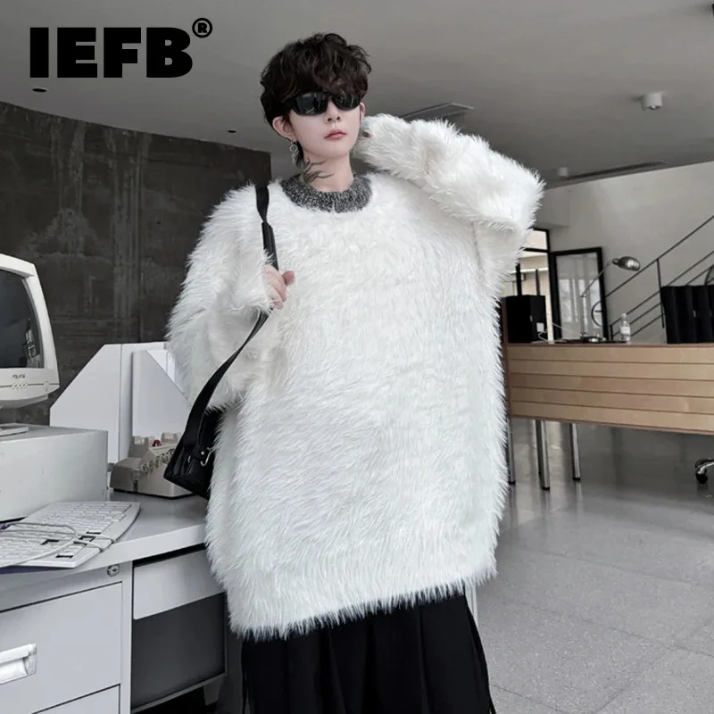 IEFB Korean Style Men's Sweaters Mohair Round Collar Contrast Color Knitting Tops Loose Pullover Male Tops Trendy Winter 9C8227