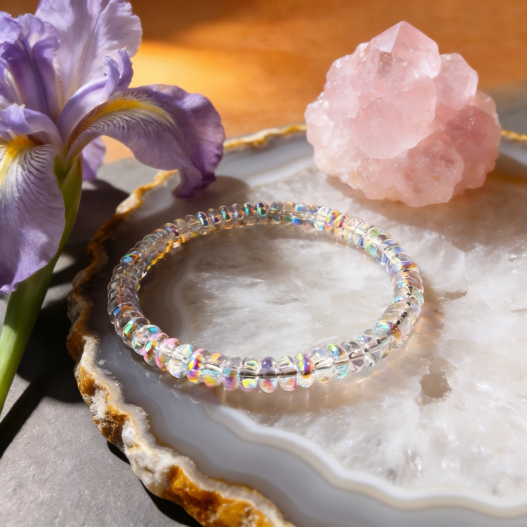 Ethiopian Opal Beaded Bracelet For Menopause, Rainbow Flash Flat Bead Stretch Bangle, Unisex Healing Crystal Jewelry Gift view 2
