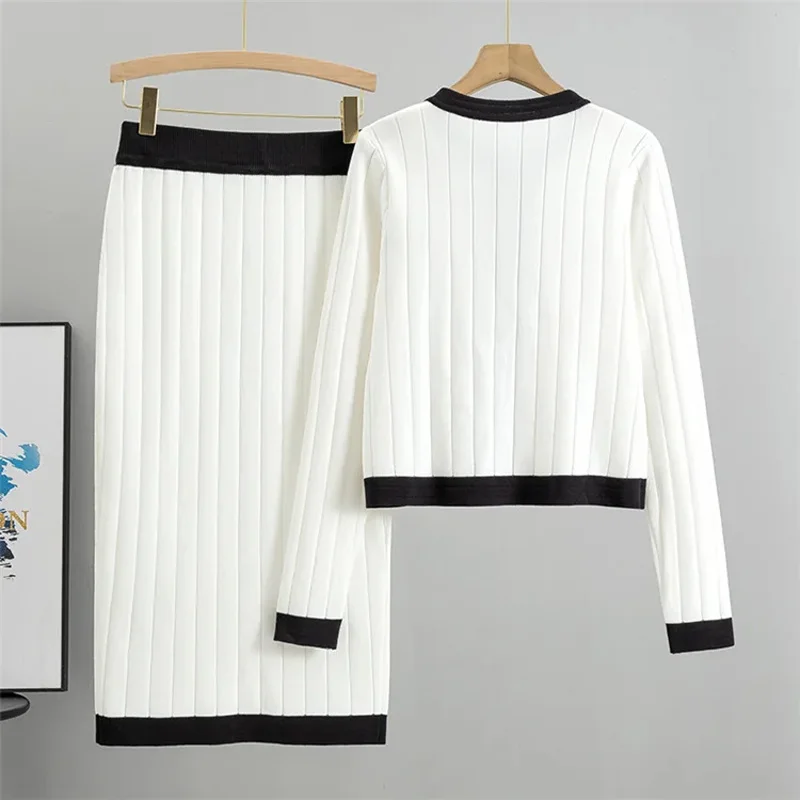 Korean Vintage Knit Skirts Sets Women New Slim O-neck Short Sweater Cardigan 2 Piece Suits Chic Button Malhas Faldas Conjunto