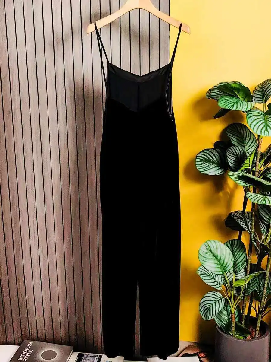 French Retro Black Velvet Suspender Jumpsuit Women'S Spring And Autumn New Chinese Suspender Pants Wide Leg Pants