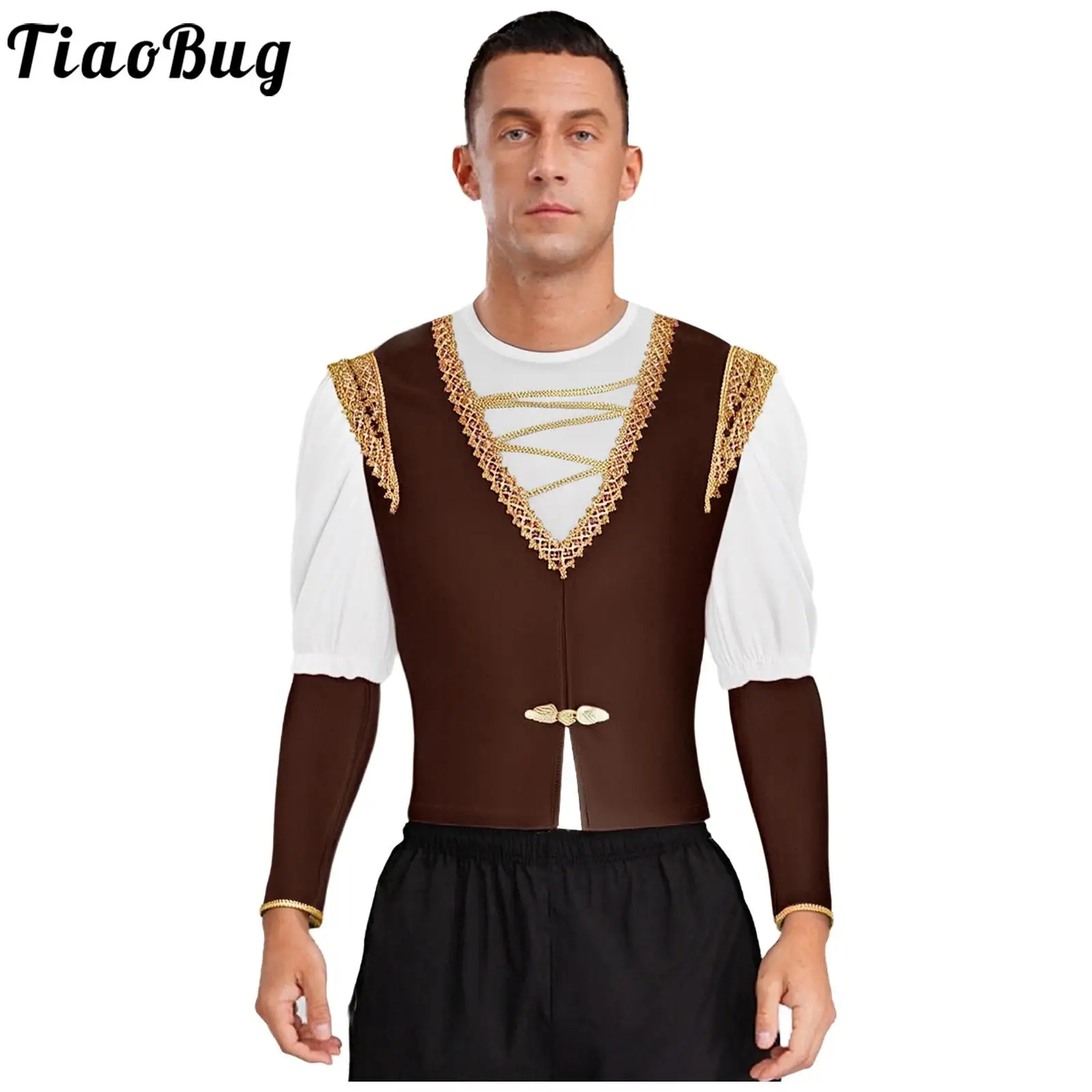 

Men Ballet Prince Dance Costumes Half Sleeve Velvet Shirt V Neck Gold Trim Vest and Removable Sleeve Steampunk Halloween Cosplay