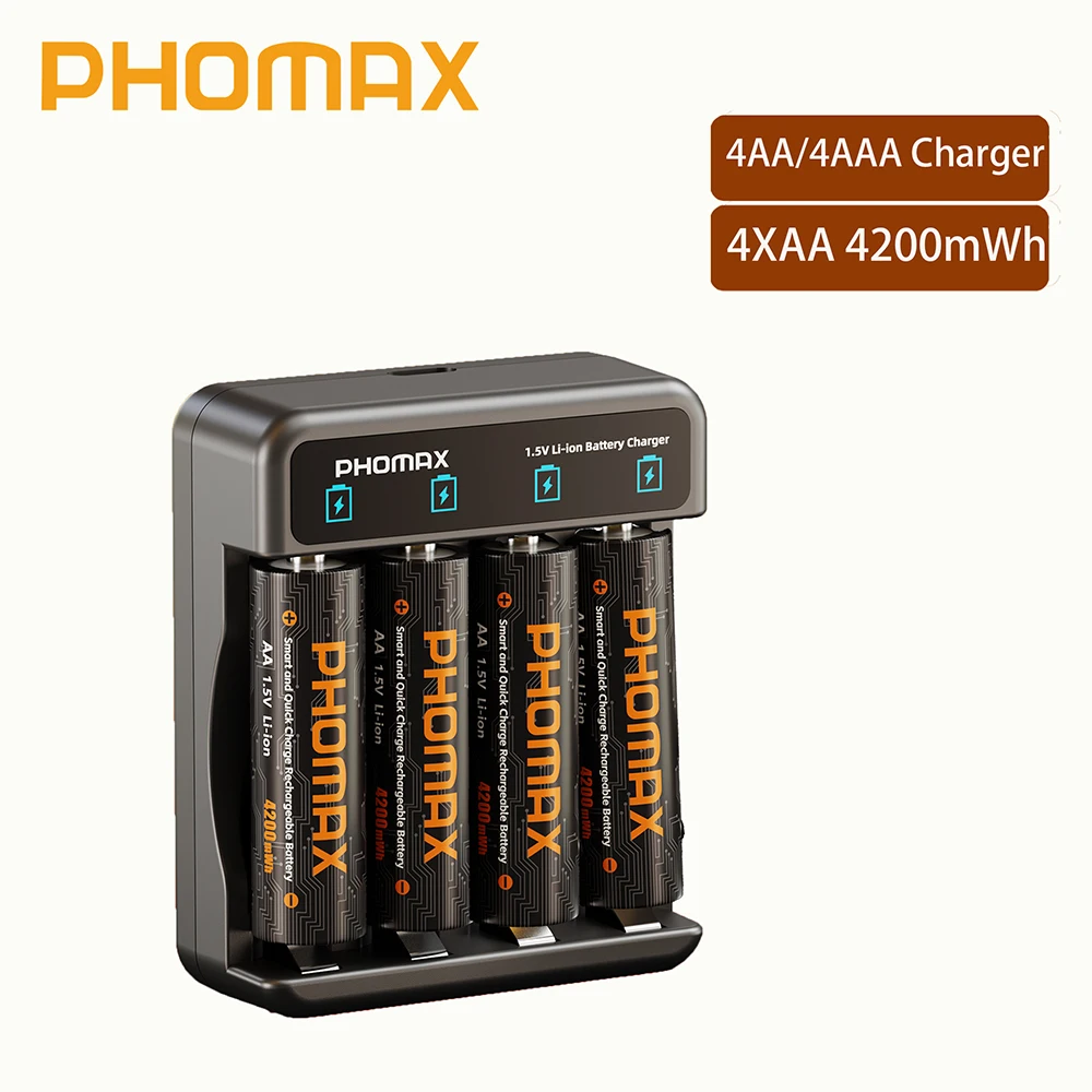 PHOMAX 2-32PC Oplaadbare lithiumbatterij 12-slots slimme snellader 1,5 V AA 4200 mWh batterijen voor koplamp speelgoedauto multimeter