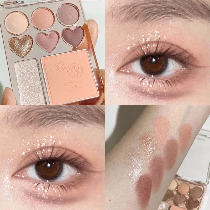 Paleta de sombras rosa laranja, 8 cores, blush facial, iluminador, duradouro, em forma de coração, maquiagem, cosméticos