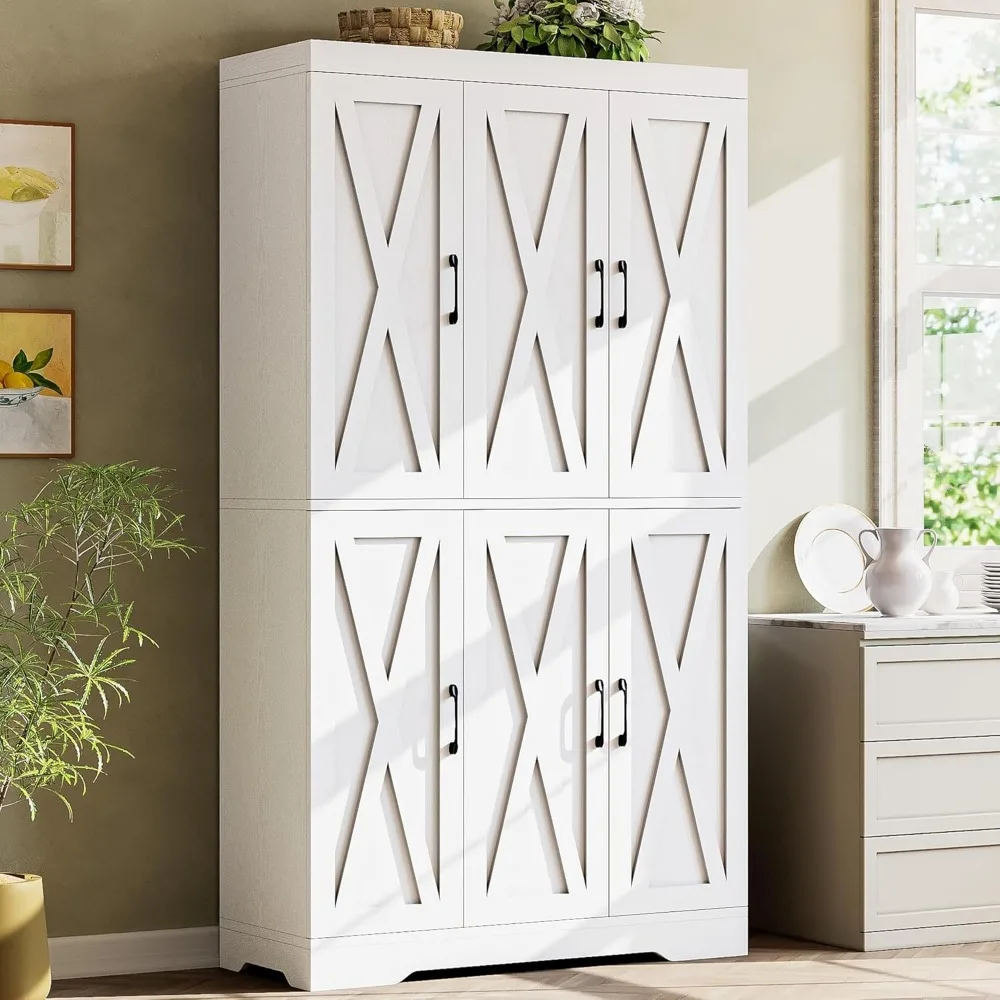 

Кухонный шкаф для кладовой со светодиодной подсветкой, 6 дверей сарая, ширина 71,3 дюйма × 39,4 дюйма, большой деревянный шкаф для хранения с 12 полками, бесплатная стойка