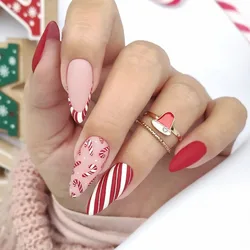 24pcs Almond Christmas French Ballet Fake Nails Detachable Wearable Manicure Extension Full Cover False Nail Press On Nails Girl