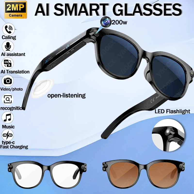 

New 200W HD Camera Smart Glasses AI Assistant Photo Recognition Video Recording 290mAh 512M Storage Smart Sunglass Women Men