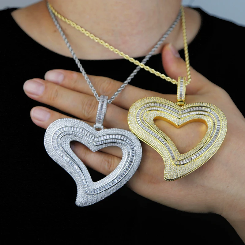 New Iced Out Big Hollow Heart Pendant Necklace Bling Rectangle CZ Cubic Zirconia Tennis Chain Charm Women Men Hip Hop Jewelry