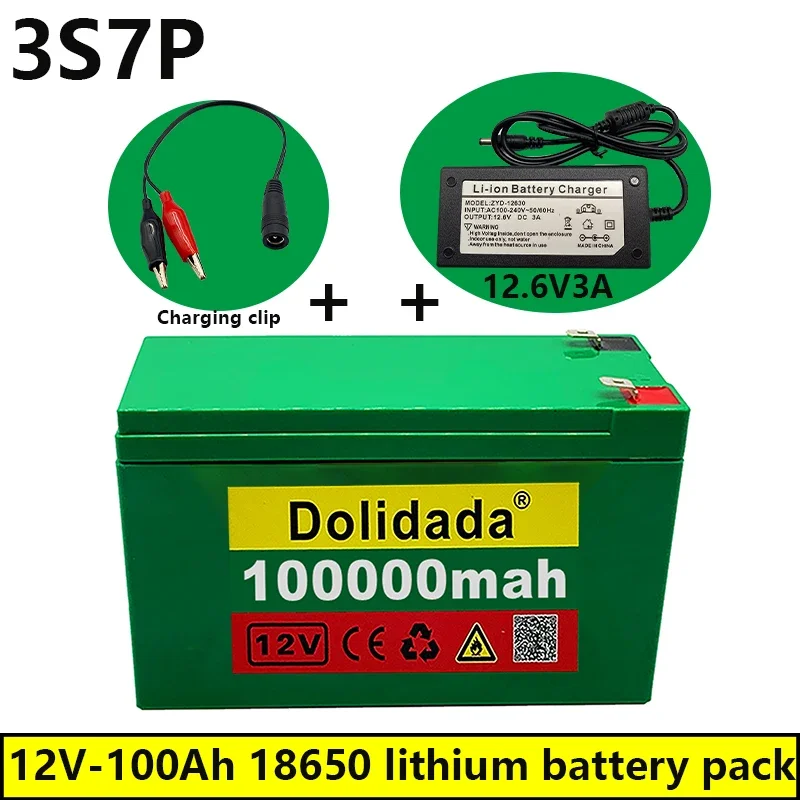 

New 12V 100000mAh 3S7P 18650 Lithium Battery Pack+12.6V 3A Charger, Built-in 100Ah High Current BMS, 100ah 12v