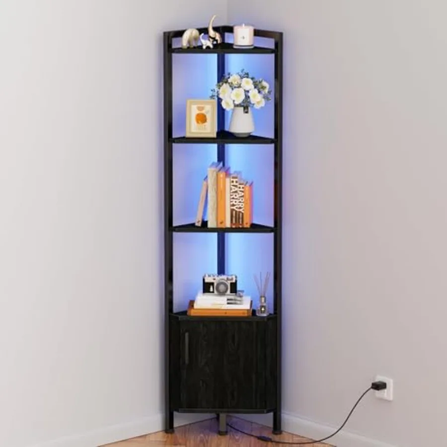 

Corner Shelf, 5-Tier Corner Cabinet with Storage and LED Light, 62.8" Standing Display Bookshelf for Bedroom, Living Room, Kitc