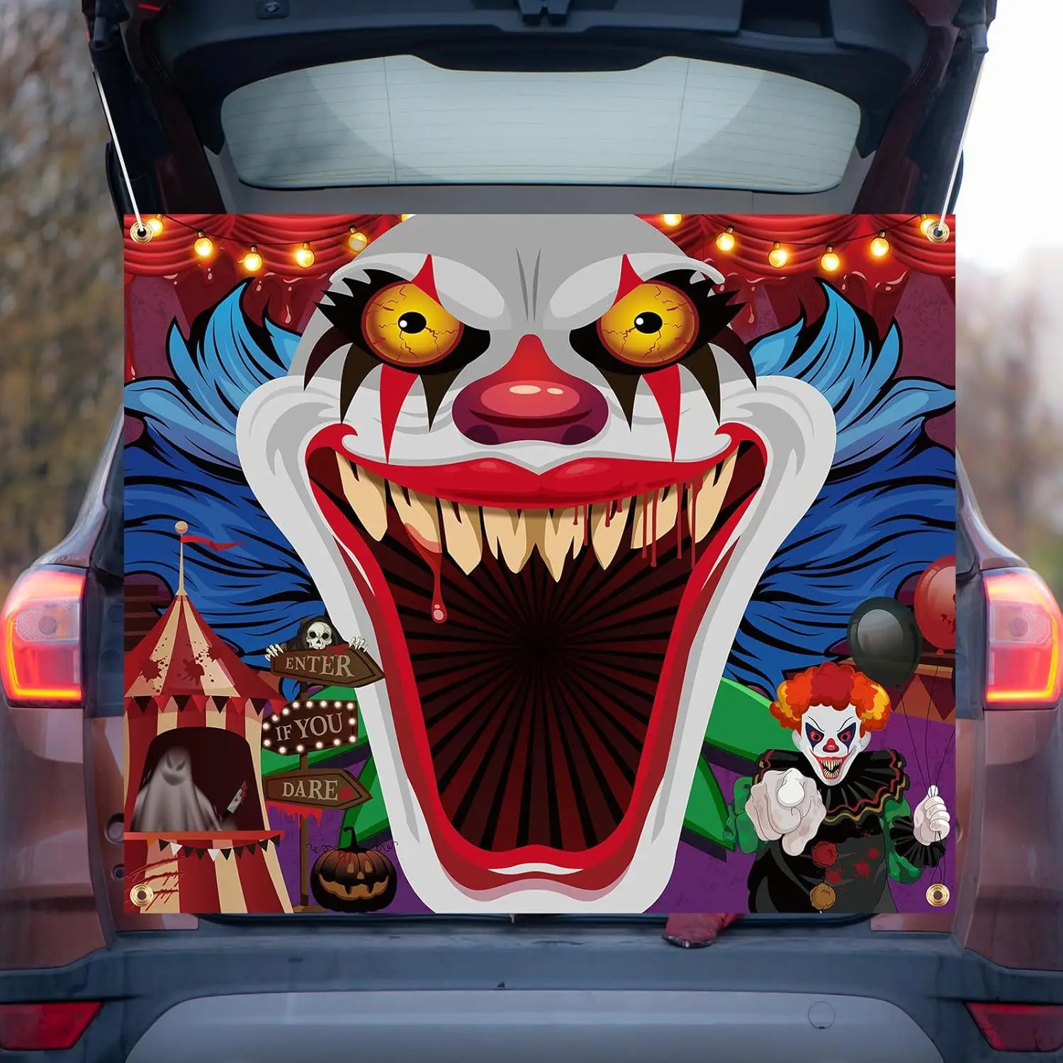 Halloween Trunk Or Treat Banner 130x100cm Scary Clown Car Backdrop Polyester Hanging Decoration for SUV Van Party Photo Booth