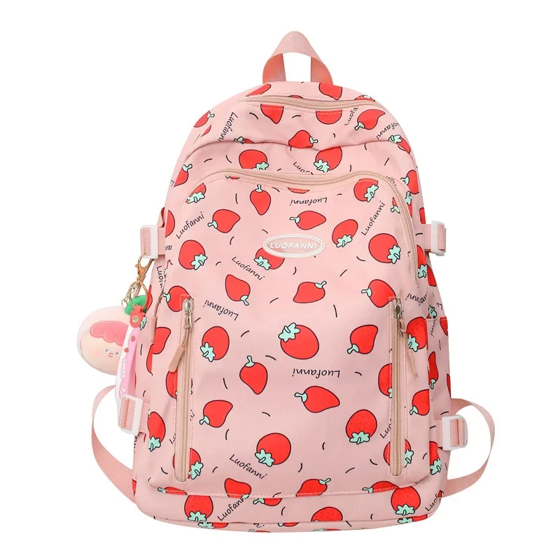 Linda mochila escolar para niñas con estampado de fresas y correa ancha para el hombro para reducir el carga y proteger el Campus de la mochila de