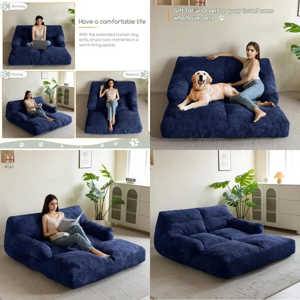 

Giant Human Dog Sofa Bed, Extended Large Comfy Floor Couch for Pet Families, Corded Fabric Orthopedic Dog Bed for Human with Sup
