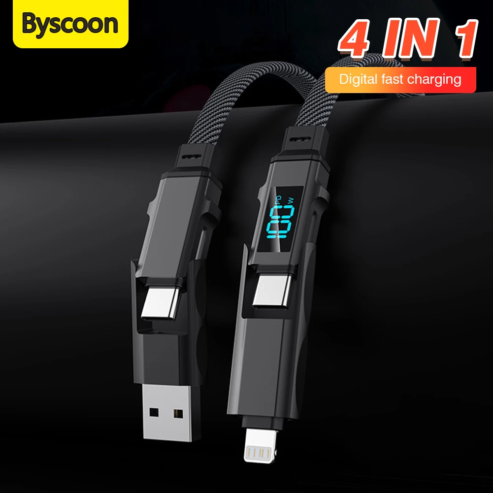 PD 100W USB Type C 4 in 1 Data Cable Fast Charging for iPhone 15 14 13 Samsung Xiaomi Redmi OPPO Fast Transfer Cable