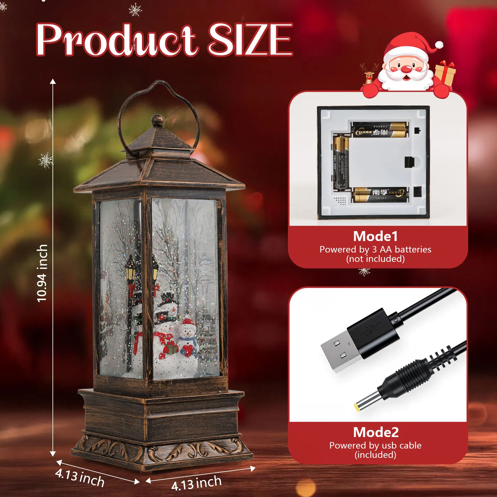 

Christmas Snow Globe Lantern 2-Way Power (Battery/USB) Plays Music Vintage Design Festive Atmosphere Decor