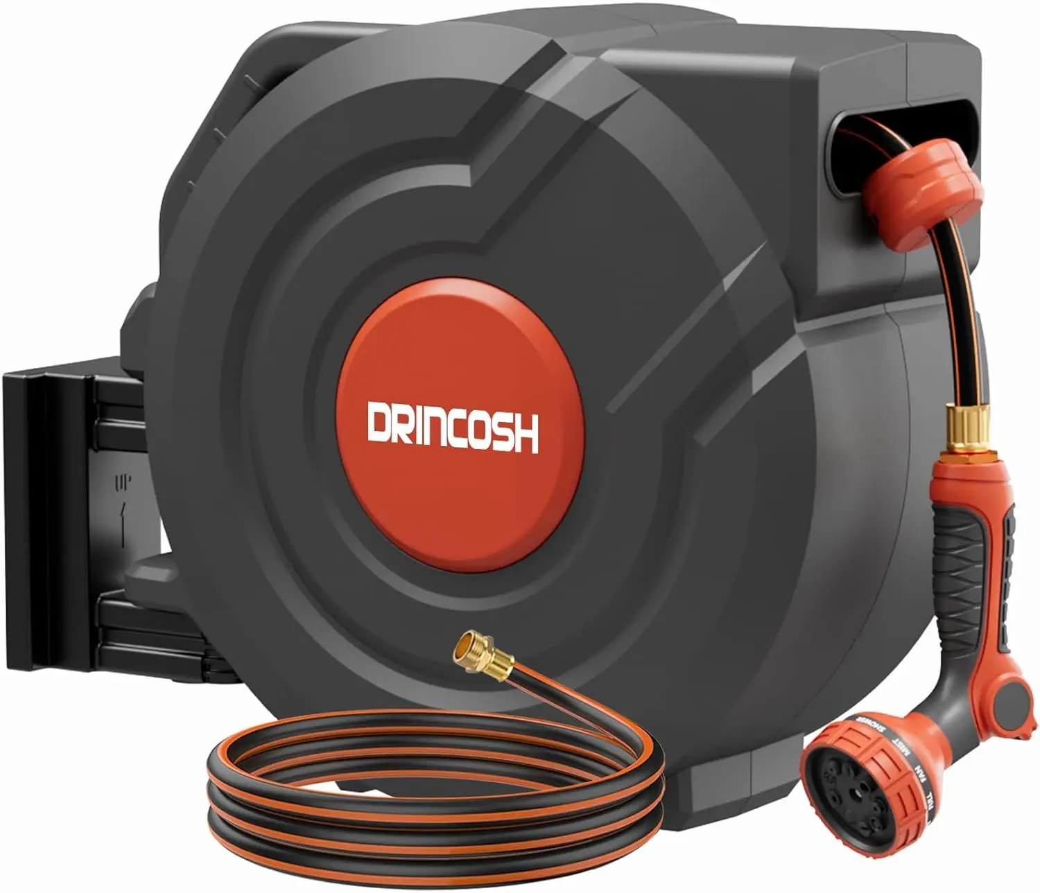 

Автоматическая катушка для садового шланга 90 футов (27,4 м) 5/8 дюйма с фиксатором любой длины и распылителем с 9 режимами работы 180° ° Поворотное настенное крепление