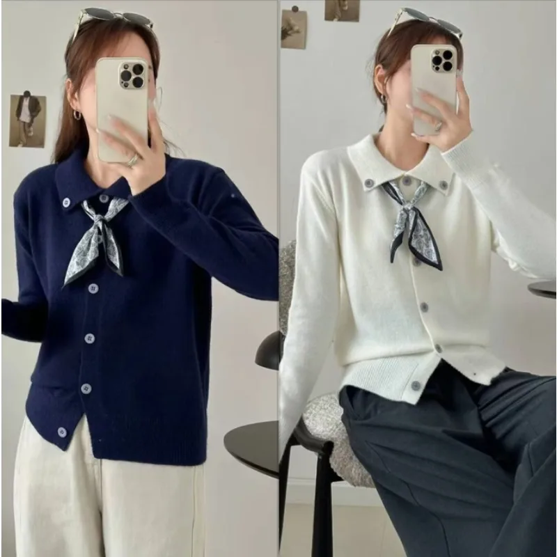 

Fashion Lapel Collar Knitted Cardigan Women with Silk Scarf Loose Casual Coat Sweater