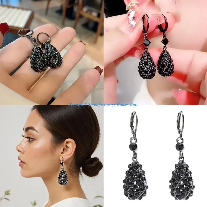 

E56A Openwork Teardrop Crystals Earrings Sturdy Alloy Designs for Parties Weddings