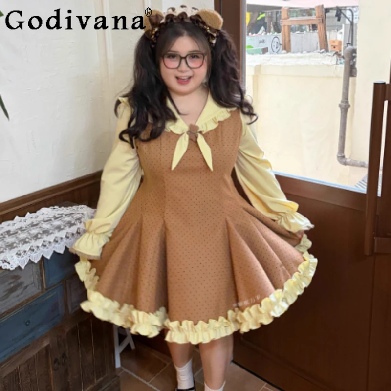

Autumn 3XL Sweet Peter Pan Collar Retro High Waist Princess Dress Cute Girl Fashion Versatile A-line Ruffles Long Sleeve Dresses
