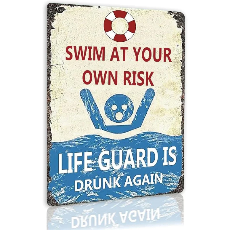 Men's Cave Retro Logo Swimming Risk Self Reliance Lifeguard Drunk Again Fun Swimming Pool Bar Wall Decoration 30x20x2cm