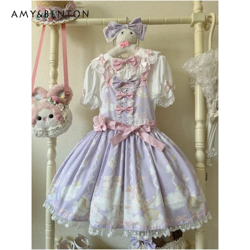 

Lolita Original Cute Cartoon Print Strap Dress Kawaii Girl Birthday Dress for Women Sweet Bowknot Belt Slim Ball Gown Dresses