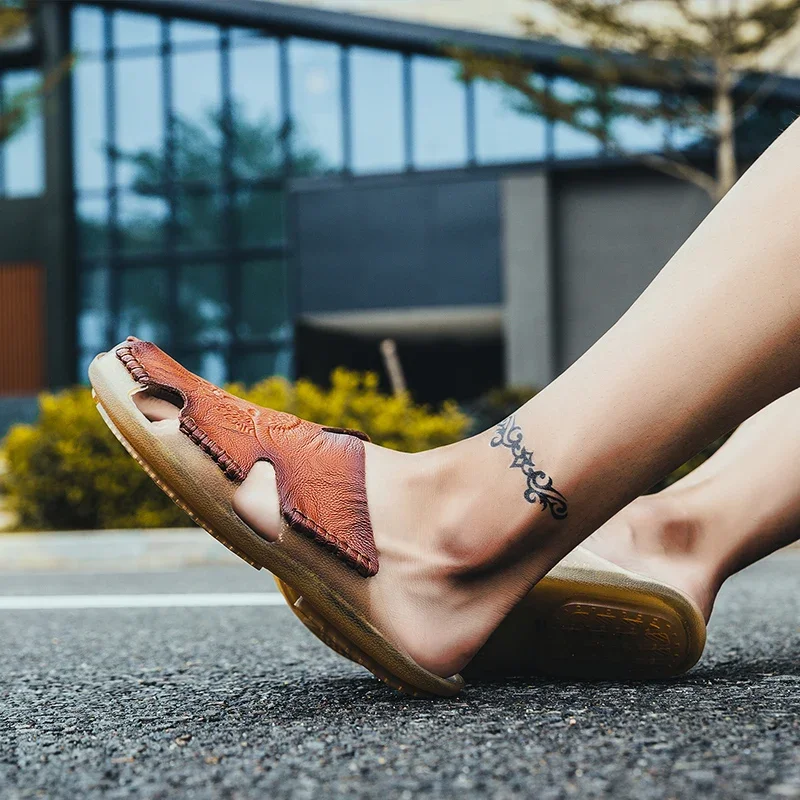 Sandalias de cuero de talla grande para hombre, zapatos clásicos de verano para hombre, zapatillas, sandalias suaves, calzado romano cómodo para caminar al aire libre