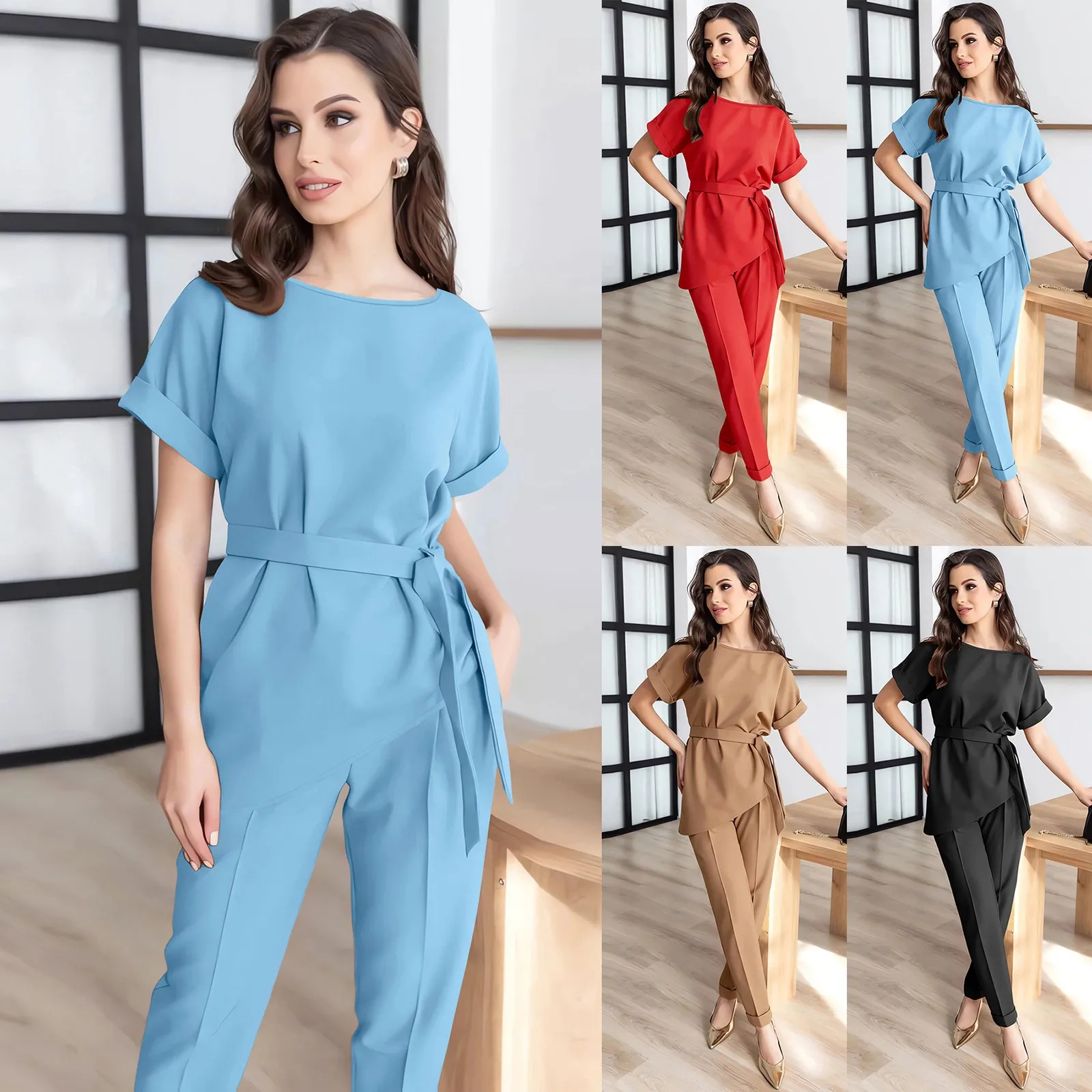 Women's Round Neck Hypotenuse Suit Belt Top Set Small Foot Pants Fashion Casual Long Pants Set Womens Tall Pant Suits